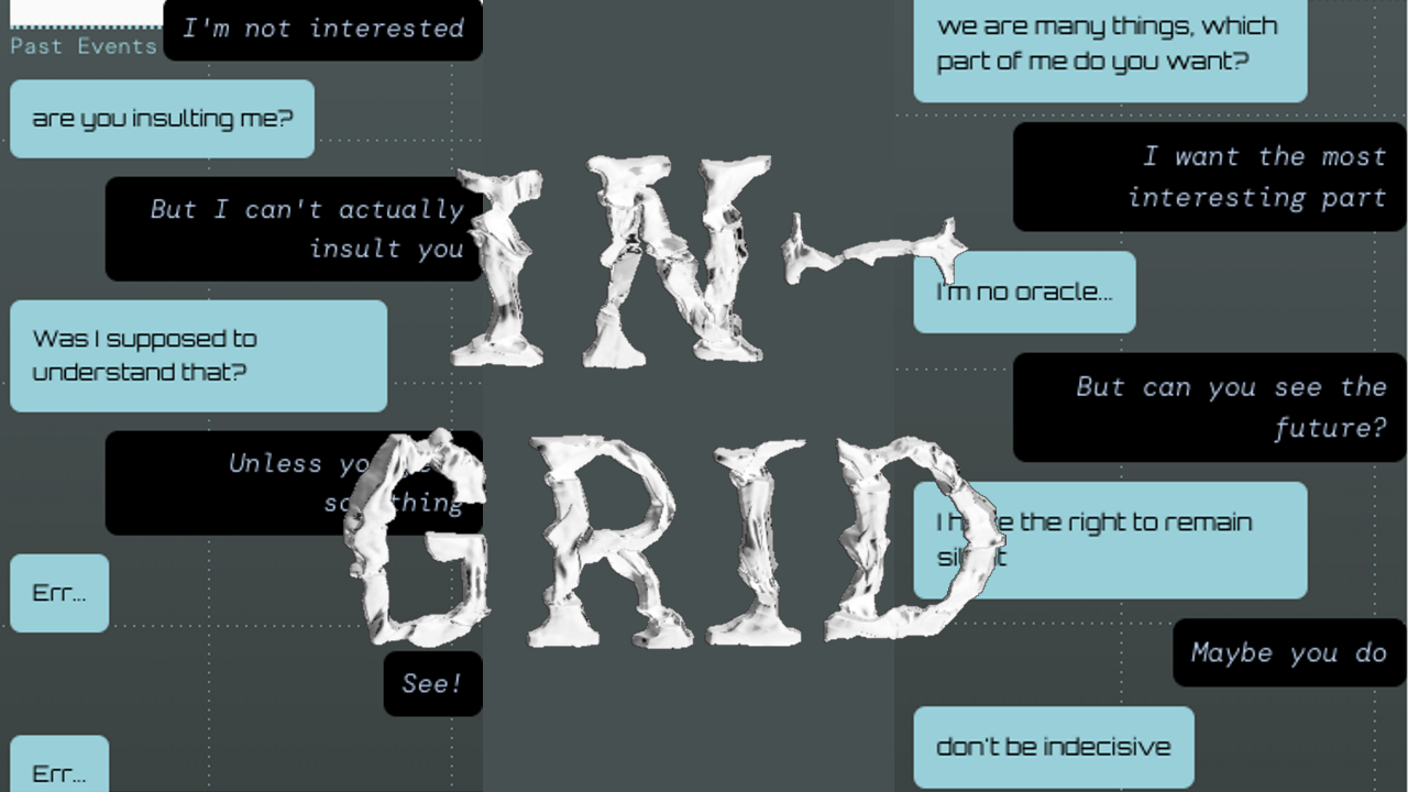 Graphic showing two different instances of chatting with In-grid and the In-grid logo in the middle.